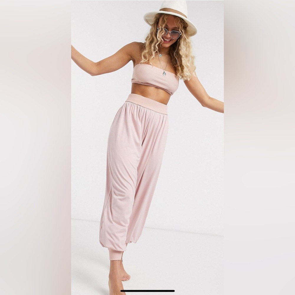 Dusty pink bandeau and elastic harem pant beach set